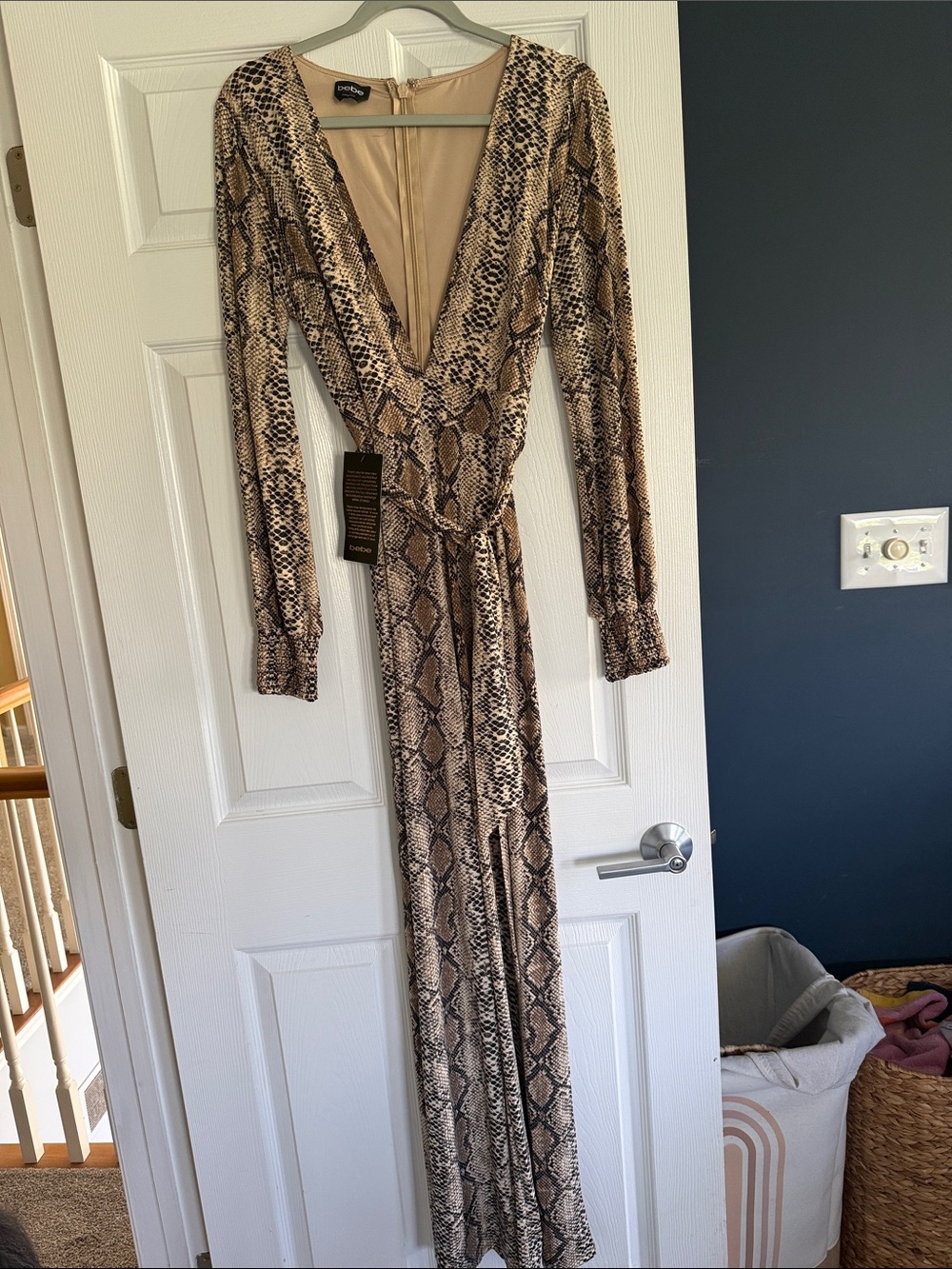 bebe Snake-Print Long Sleeve Jumpsuit in Tan and Black